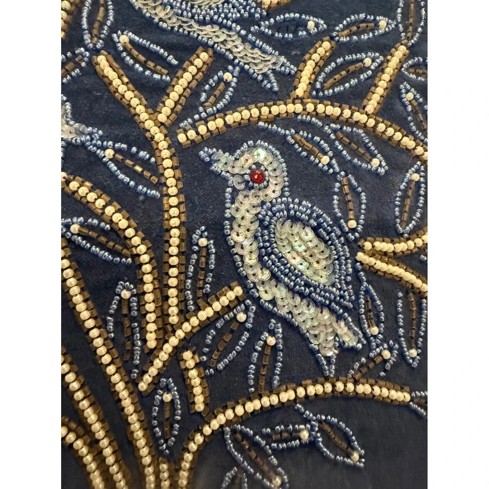 Home Decor 14x14 Square Throw Pillow Blue Velvet Beaded Bird Tree Boho